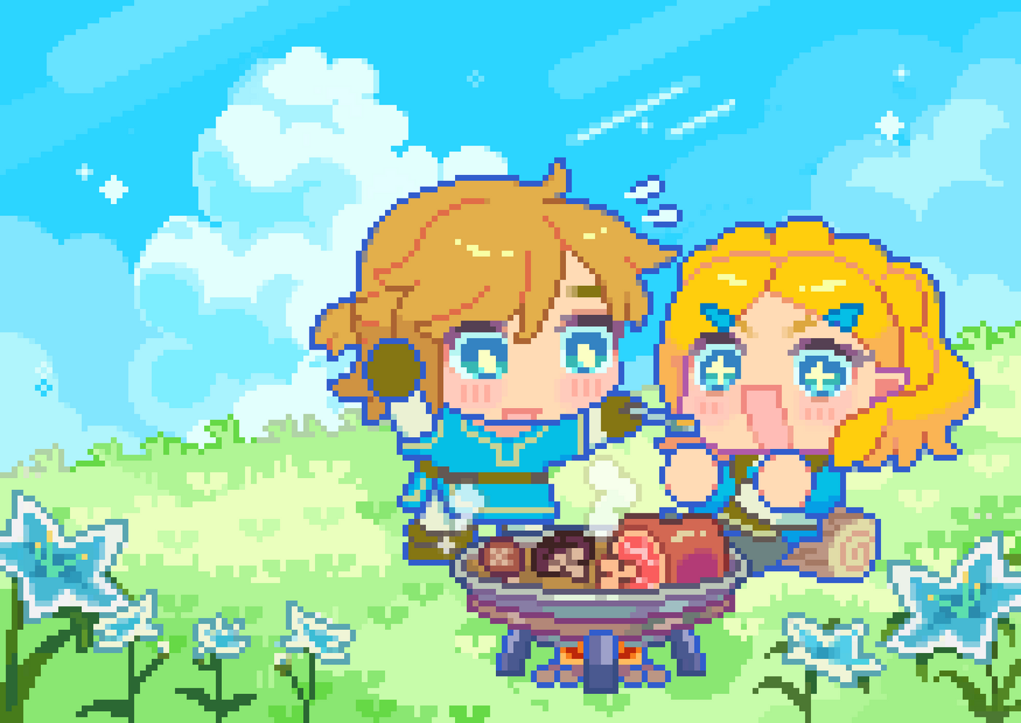 Link's first meal with the Princess - A6 Pixel Art Print