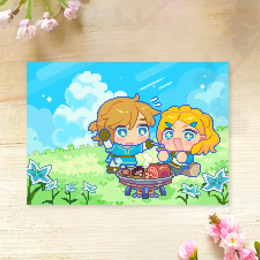 Link's first meal with the Princess - A6 Pixel Art Print